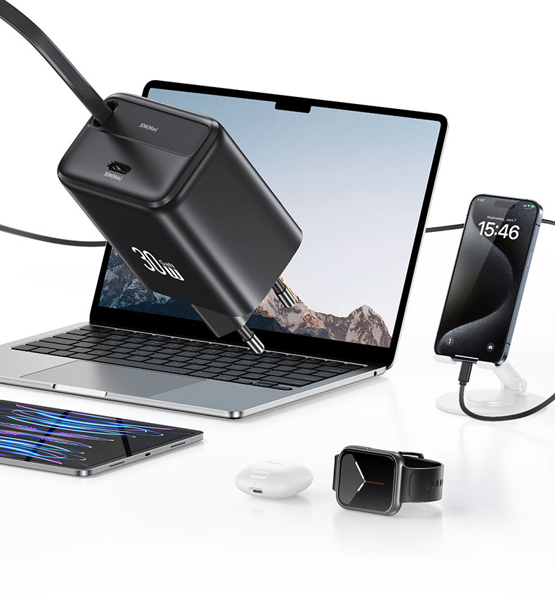 USAMS įkroviklis 1xUSB-C su ištraukiamu USB-C laidu, PD+QC 30W GaN greitasis įkrovimas, baltos spalvos aprašymas - Prekės nuotrauka