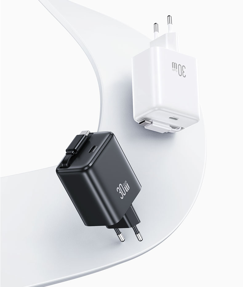 USAMS įkroviklis 1xUSB-C su ištraukiamu USB-C laidu, PD+QC 30W GaN greitasis įkrovimas, baltos spalvos aprašymas - Prekės nuotrauka