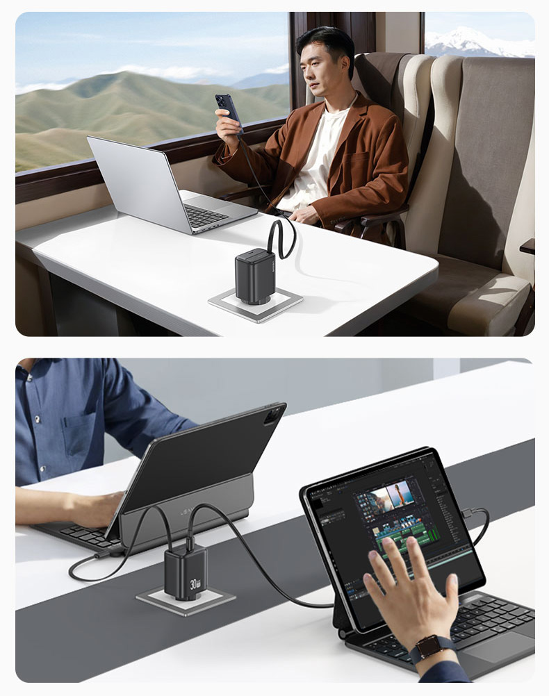 USAMS įkroviklis 1xUSB-C su ištraukiamu USB-C laidu, PD+QC 30W GaN greitasis įkrovimas, baltos spalvos aprašymas - Prekės nuotrauka