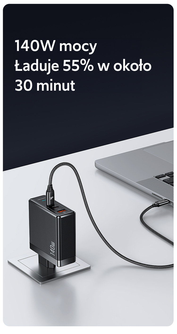 USAMS įkroviklis 2xUSB-C+1xUSB T52PD140W PD greitasis įkrovimas US-CC168 + U82 USB-C/USB-C US-SJ581 laidas aprašymas - Prekės nuotrauka