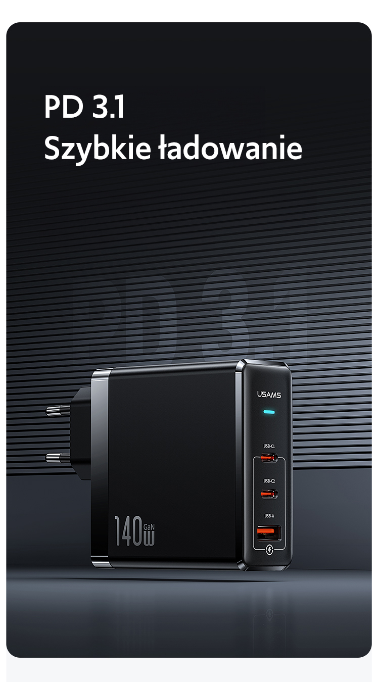 USAMS įkroviklis 2xUSB-C+1xUSB T52PD140W PD greitasis įkrovimas US-CC168 + U82 USB-C/USB-C US-SJ581 laidas aprašymas - Prekės nuotrauka