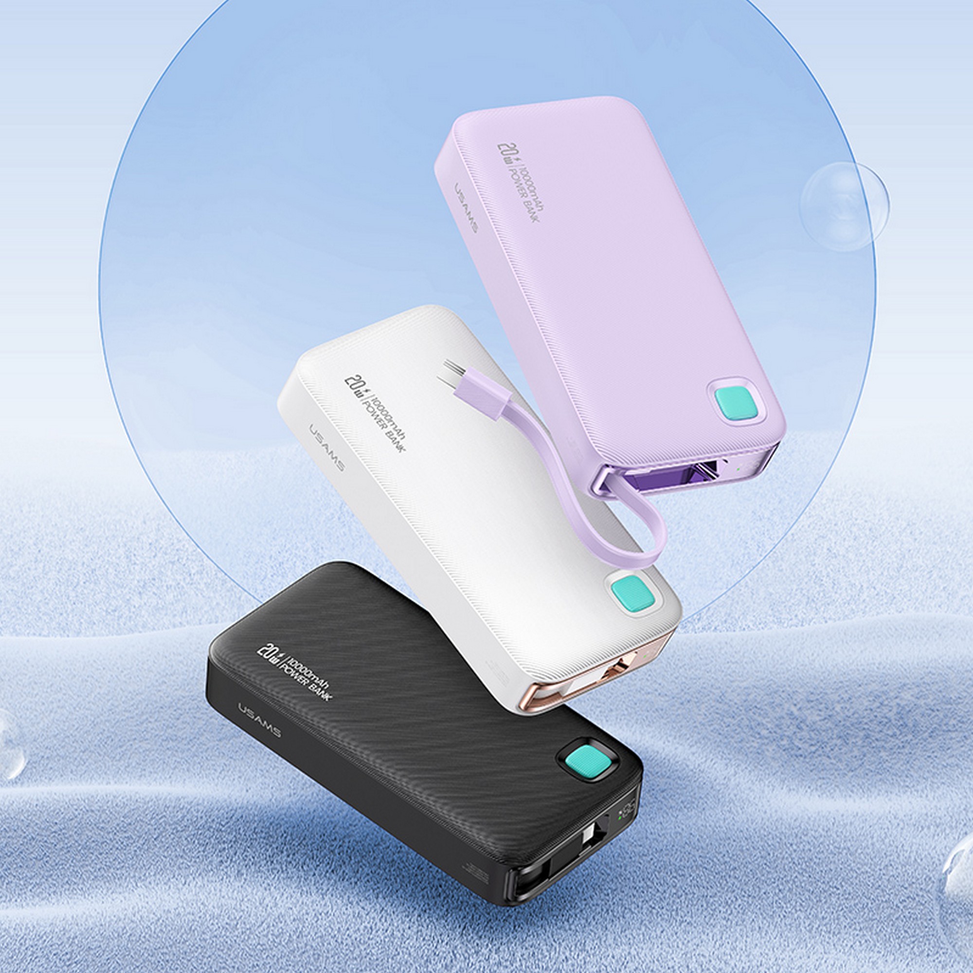 USAMS išorinė baterija su ištraukiamu USB-C laidu, 10000 mAh, PD 20W greitas įkrovimas, XY serija, juodos spalvos aprašymas - Prekės nuotrauka