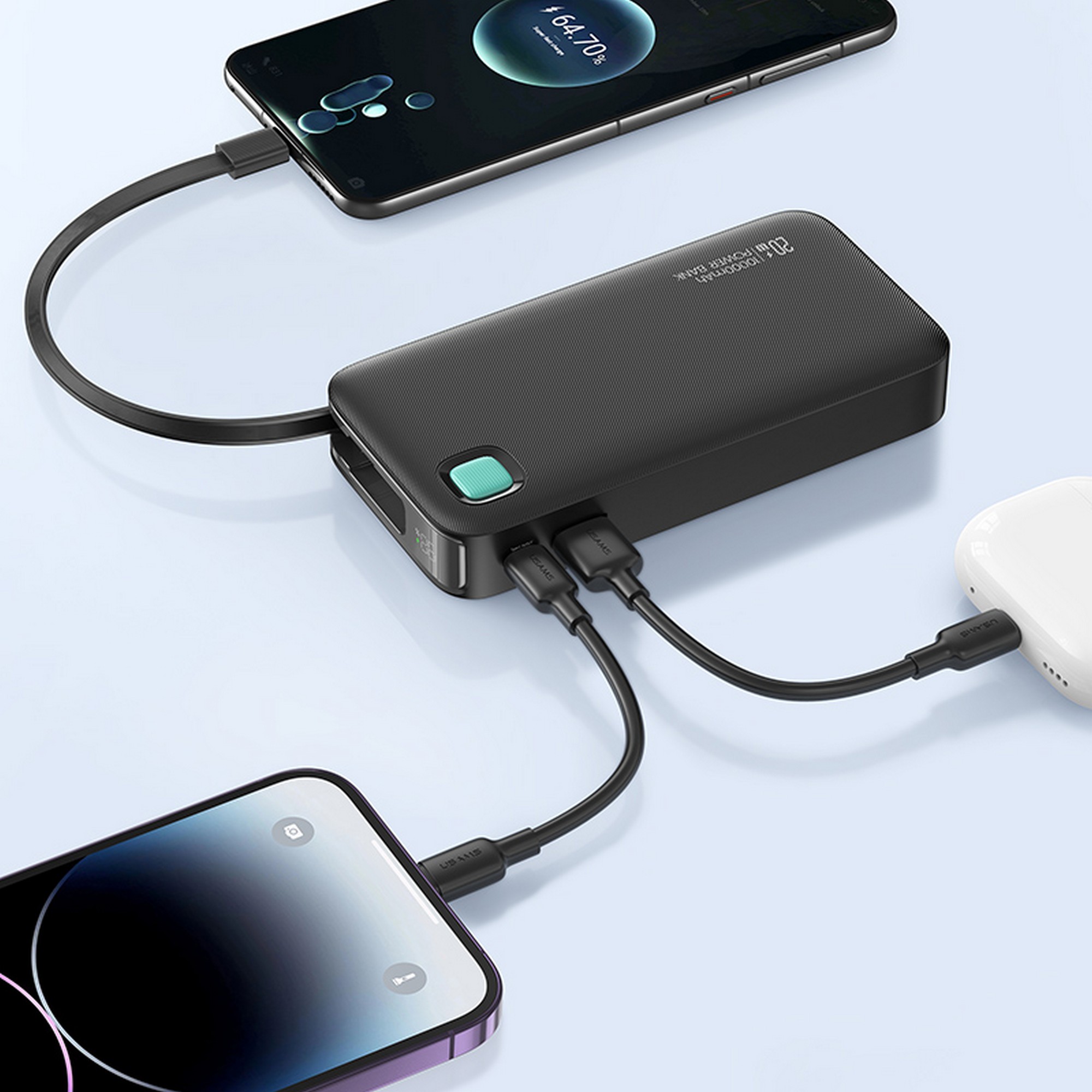 USAMS išorinė baterija su ištraukiamu USB-C laidu, 10000 mAh, PD 20W greitas įkrovimas, XY serija, juodos spalvos aprašymas - Prekės nuotrauka