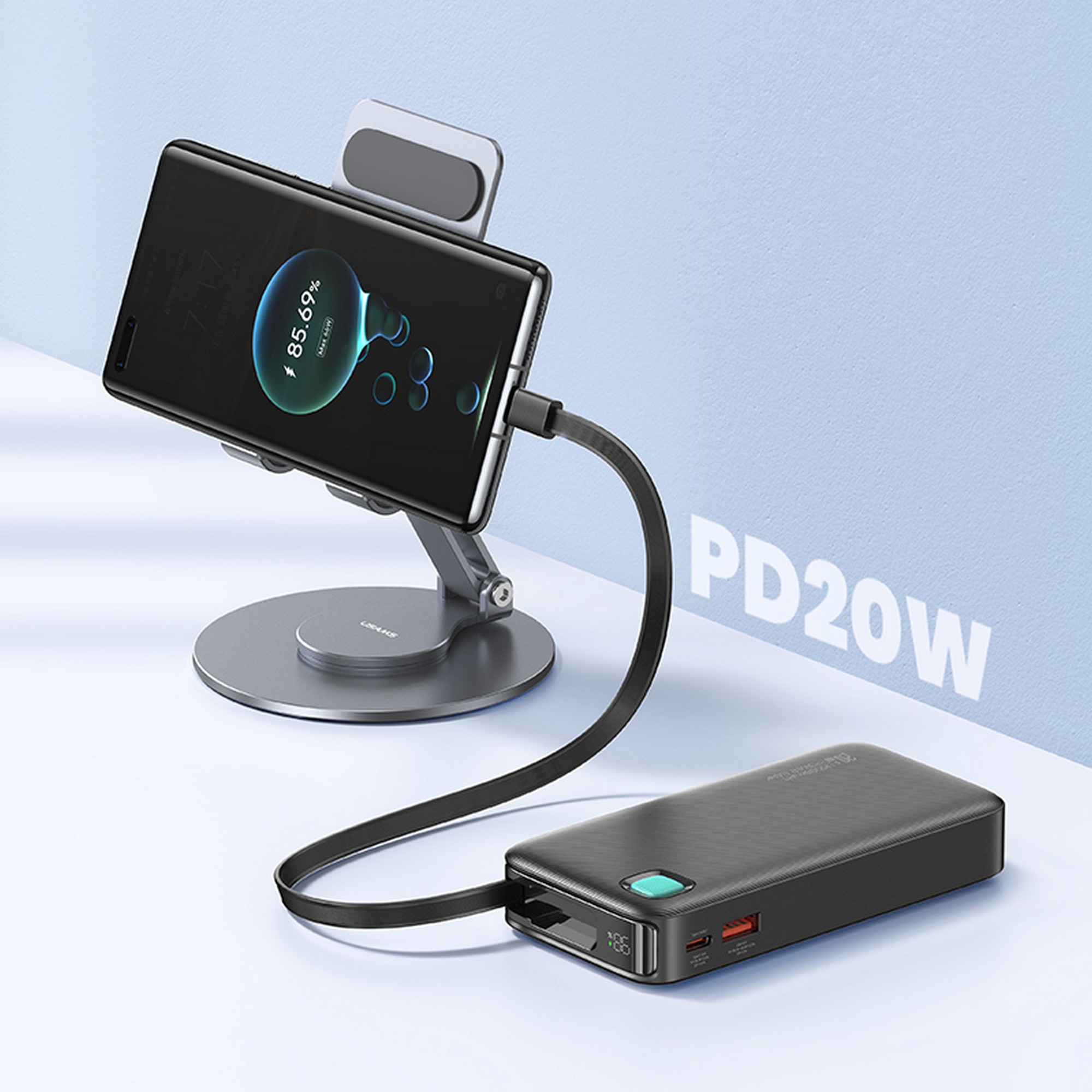 USAMS išorinė baterija su ištraukiamu USB-C laidu, 10000 mAh, PD 20W greitas įkrovimas, XY serija, juodos spalvos aprašymas - Prekės nuotrauka