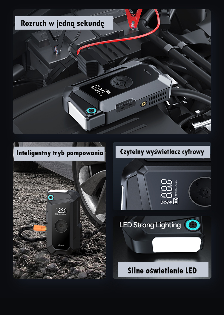 USAMS Jumpstarter išorinė baterija 8000mAh + integruotas žibintuvėlis, juodos spalvos ZB287 aprašymas - Prekės nuotrauka
