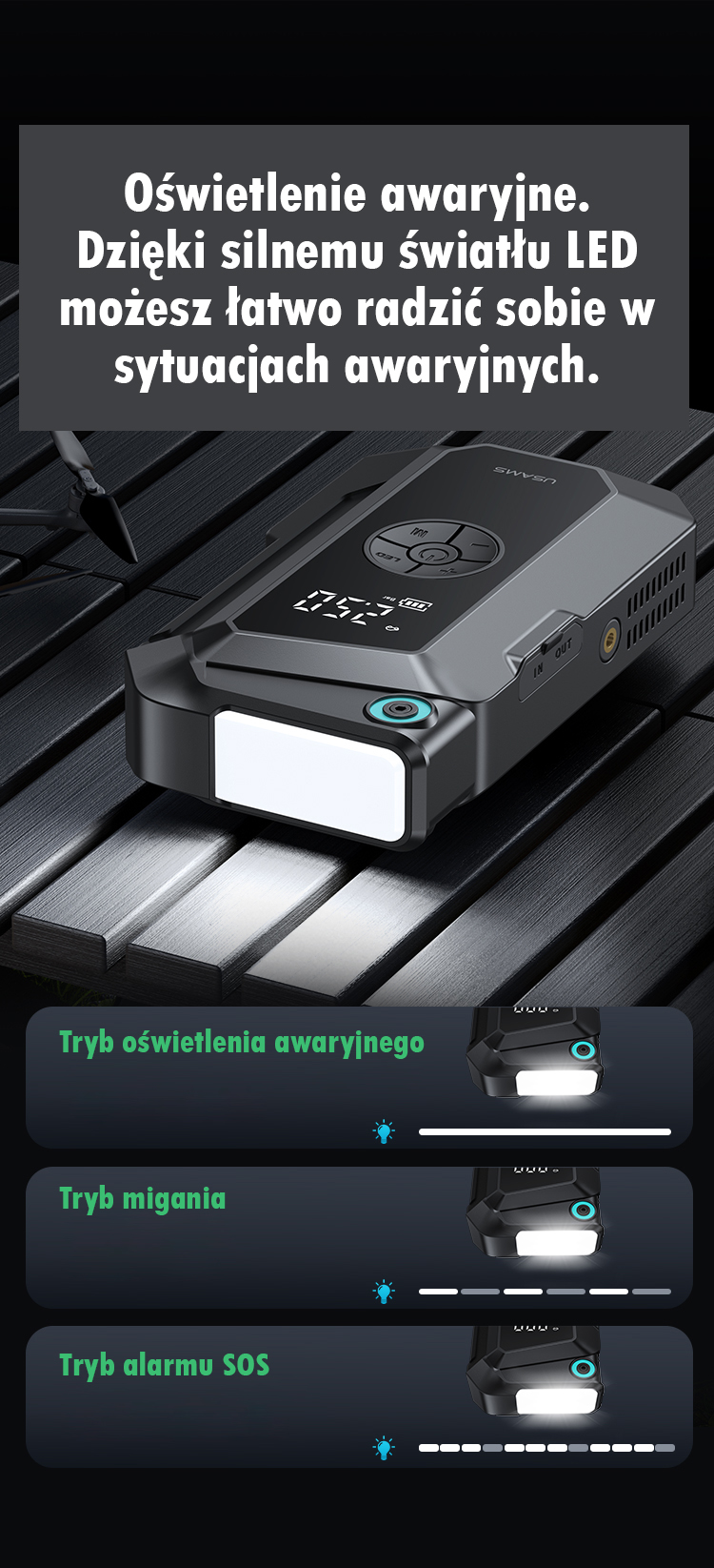 USAMS Jumpstarter išorinė baterija 8000mAh + integruotas žibintuvėlis, juodos spalvos ZB287 aprašymas - Prekės nuotrauka