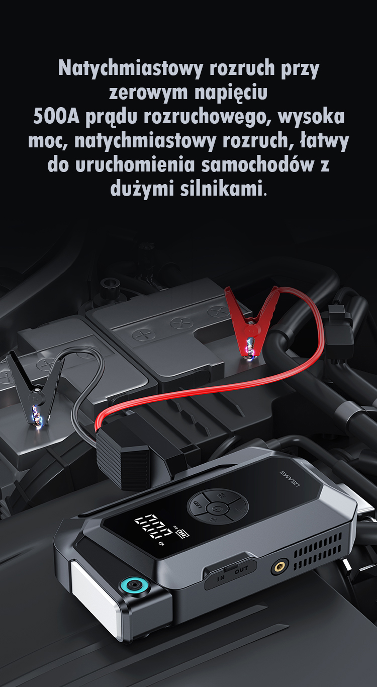 USAMS Jumpstarter išorinė baterija 8000mAh + integruotas žibintuvėlis, juodos spalvos ZB287 aprašymas - Prekės nuotrauka