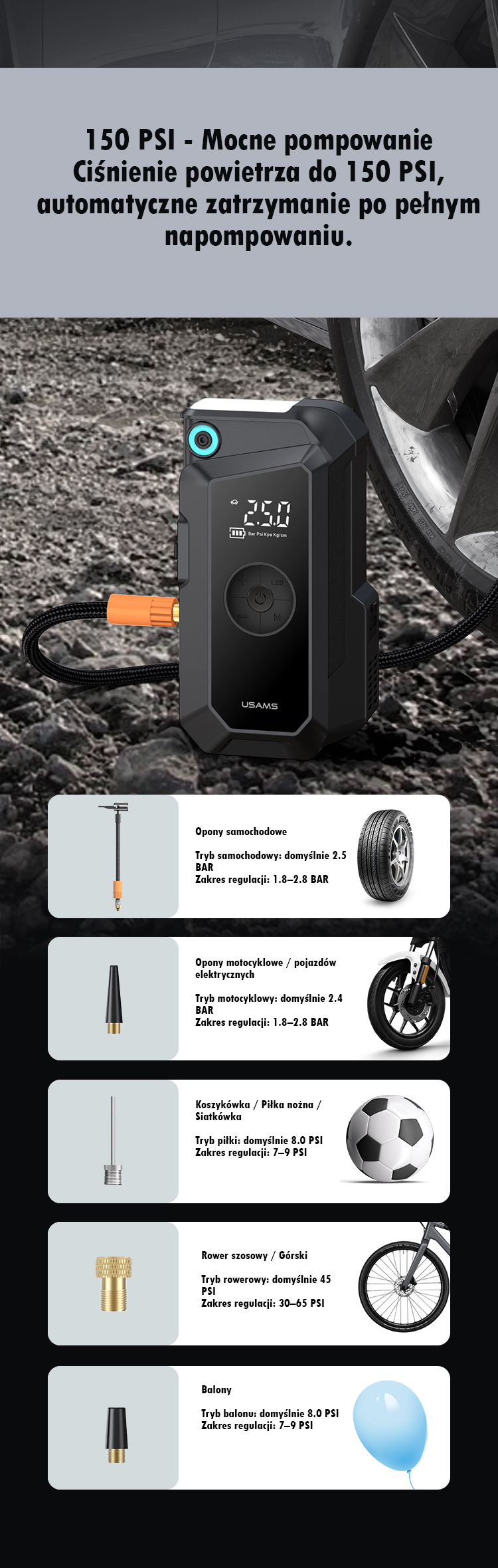 USAMS Jumpstarter išorinė baterija 8000mAh + integruotas žibintuvėlis, juodos spalvos ZB287 aprašymas - Prekės nuotrauka