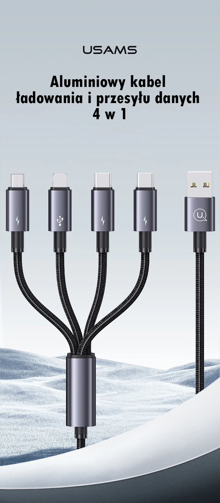 USAMS Kabelis 4in1 2xUSB-C/Lightning/MicroU SB 15W 1,2m aliuminio lydinio duomenų kabelis Sufeng Series SJ739USB101 (US-SJ739) aprašymas - Prekės nuotrauka