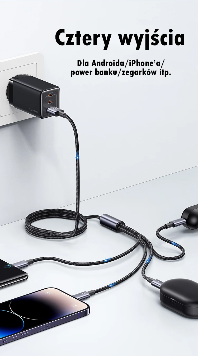 USAMS Kabelis 4in1 2xUSB-C/Lightning/MicroU SB 15W 1,2m aliuminio lydinio duomenų kabelis Sufeng Series SJ739USB101 (US-SJ739) aprašymas - Prekės nuotrauka