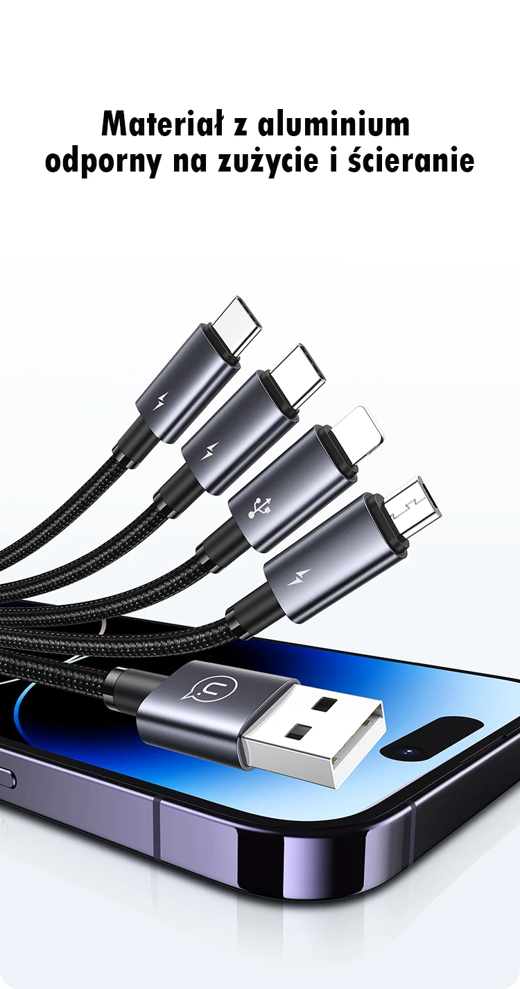 USAMS Kabelis 4in1 2xUSB-C/Lightning/MicroU SB 15W 1,2m aliuminio lydinio duomenų kabelis Sufeng Series SJ739USB101 (US-SJ739) aprašymas - Prekės nuotrauka