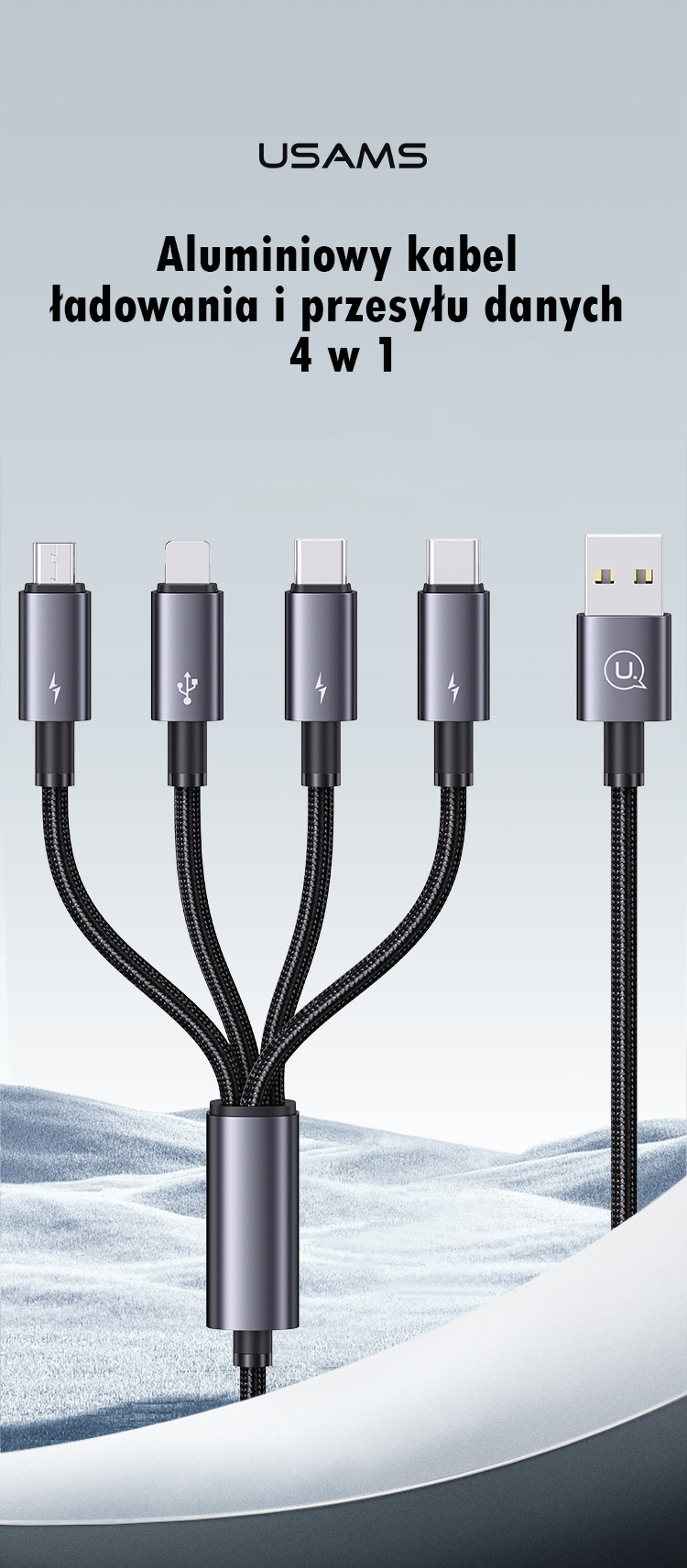 USAMS kabelis 4in1 2xUSB-C/Lightning/MicroUSB 15W 1.2m aliuminio lydinio duomenų kabelis Sufeng serijos SJ739US aprašymas - Prekės nuotrauka USAMS kabelis 4in1 2xUSB-C/Lightning/MicroUSB 15W 1.2m aliuminio lydinio duomenų kabelis Sufeng serijos SJ739US aprašymas - Prekės nuotrauka