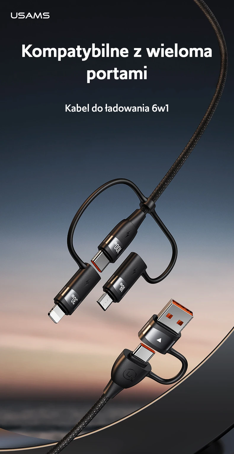 USAMS Kabelis U85 2xUSB-C/USB/Micro-USB/Lightning 6in1 1.2m 100W PD Fast Charge juodos spalvos SJ645USB01 aprašymas - Prekės nuotrauka USAMS Kabelis U85 2xUSB-C/USB/Micro-USB/Lightning 6in1 1.2m 100W PD Fast Charge juodos spalvos SJ645USB01 aprašymas - Prekės nuotrauka