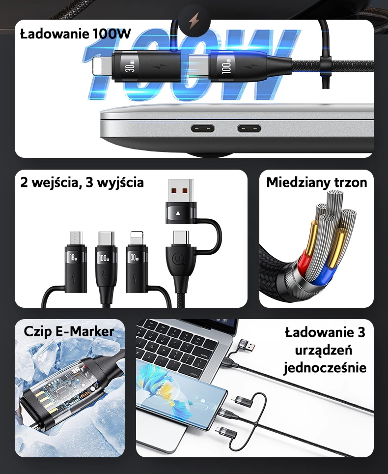 USAMS Kabelis U85 2xUSB-C/USB/Micro-USB/Lightning 6in1 1.2m 100W PD Fast Charge juodos spalvos SJ645USB01 aprašymas - Prekės nuotrauka USAMS Kabelis U85 2xUSB-C/USB/Micro-USB/Lightning 6in1 1.2m 100W PD Fast Charge juodos spalvos SJ645USB01 aprašymas - Prekės nuotrauka