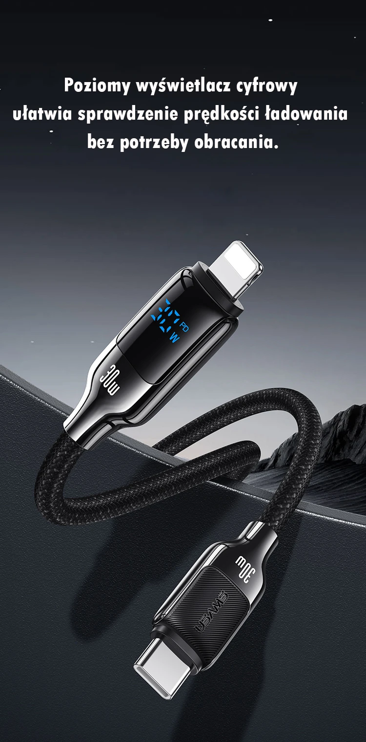 USAMS Kabelis USB-C į Lightning 30W 1,2m Skaitmeninis Ekranas Cinko lydinio greito įkrovimo duomenų kabelis HX Series SJ741USB01 (US-SJ741) aprašymas - Prekės nuotrauka USAMS Kabelis USB-C į Lightning 30W 1,2m Skaitmeninis Ekranas Cinko lydinio greito įkrovimo duomenų kabelis HX Series SJ741USB01 (US-SJ741) aprašymas - Prekės nuotrauka