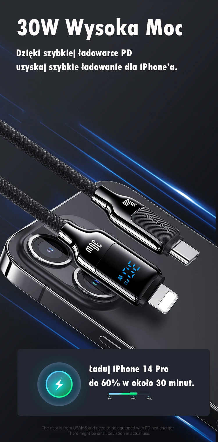 USAMS Kabelis USB-C į Lightning 30W 1,2m Skaitmeninis Ekranas Cinko lydinio greito įkrovimo duomenų kabelis HX Series SJ741USB01 (US-SJ741) aprašymas - Prekės nuotrauka USAMS Kabelis USB-C į Lightning 30W 1,2m Skaitmeninis Ekranas Cinko lydinio greito įkrovimo duomenų kabelis HX Series SJ741USB01 (US-SJ741) aprašymas - Prekės nuotrauka