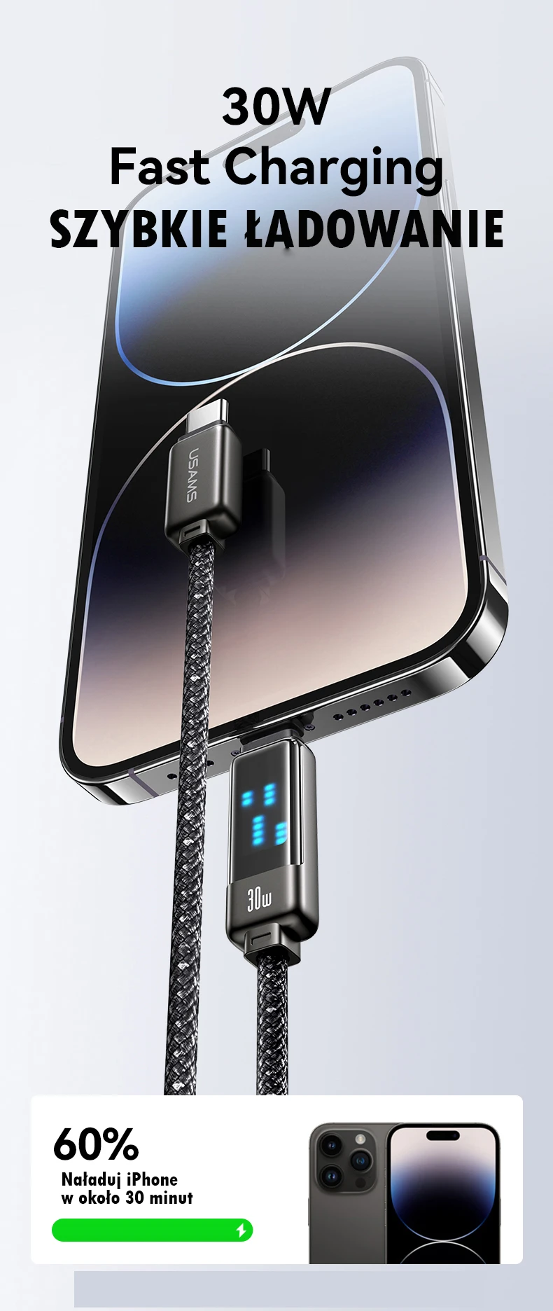 USAMS Kabelis USB-C į Lightning 30W 1,2m cinko lydinio greito įkrovimo duomenų kabelis Meteor Series SJ743USB01 (US-SJ743) aprašymas - Prekės nuotrauka USAMS Kabelis USB-C į Lightning 30W 1,2m cinko lydinio greito įkrovimo duomenų kabelis Meteor Series SJ743USB01 (US-SJ743) aprašymas - Prekės nuotrauka