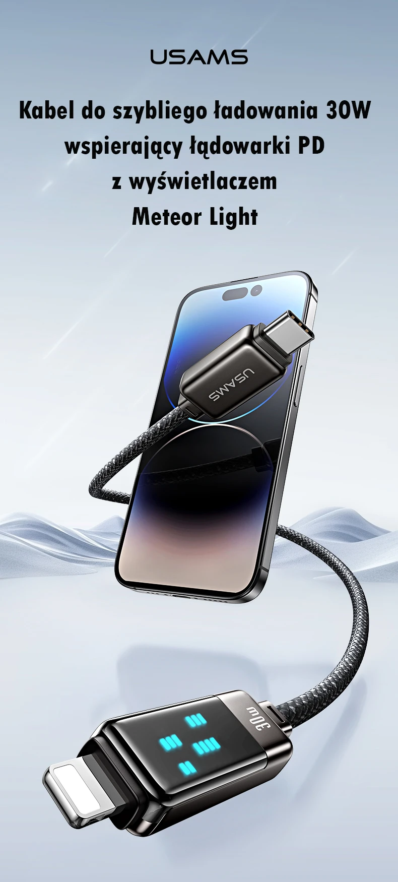 USAMS Kabelis USB-C į Lightning 30W 1,2m cinko lydinio greito įkrovimo duomenų kabelis Meteor Series SJ743USB01 (US-SJ743) aprašymas - Prekės nuotrauka USAMS Kabelis USB-C į Lightning 30W 1,2m cinko lydinio greito įkrovimo duomenų kabelis Meteor Series SJ743USB01 (US-SJ743) aprašymas - Prekės nuotrauka