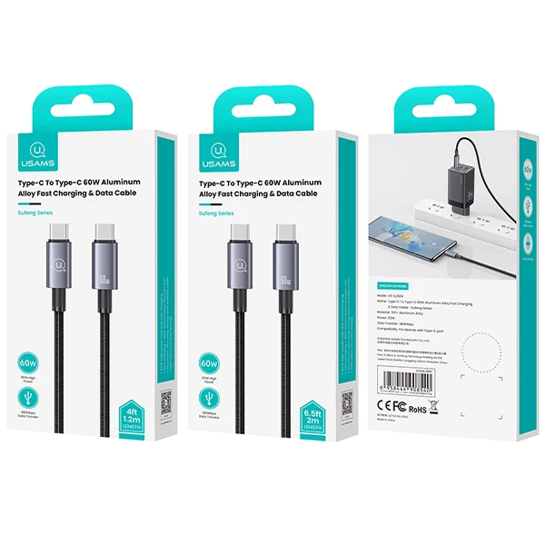 USAMS Kabelis USB-C į USB-C 60W 1,2m greito įkrovimo nešvarumai SJ661USB01 (US-SJ661) aprašymas - Prekės nuotrauka
