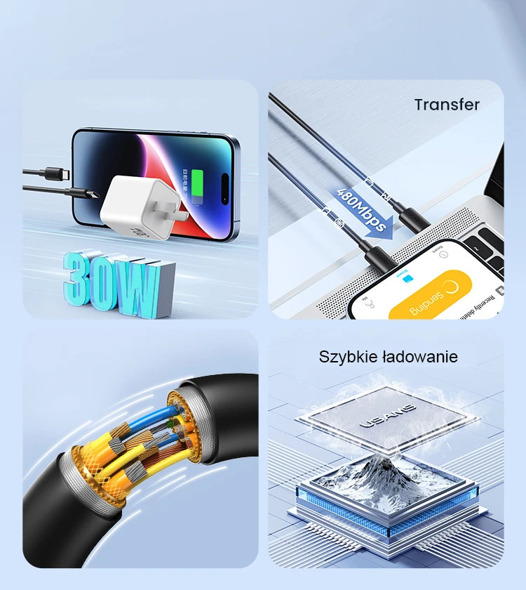 USAMS Kabelis USB-C į USB-C 60W 1m Fast Charging YD Series juodos spalvos SJ711USB01(US-SJ711) aprašymas - Prekės nuotrauka