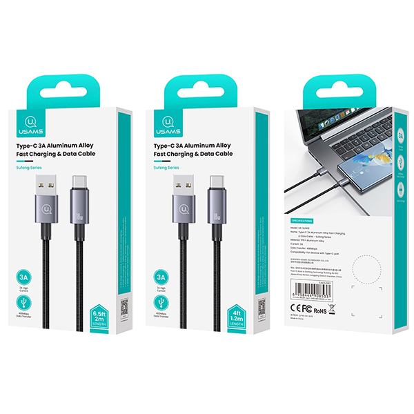 USAMS Kabelis USB į USB-C 3A 1.2m greito įkrovimo plienas/tamsus SJ663USB01 (US-SJ663) aprašymas - Prekės nuotrauka USAMS Kabelis USB į USB-C 3A 1.2m greito įkrovimo plienas/tamsus SJ663USB01 (US-SJ663) aprašymas - Prekės nuotrauka