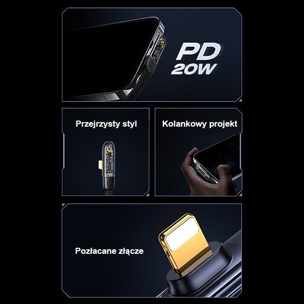 USAMS kampinis kabelis USB-C į Lightning PD 20W greitojo įkrovimo Iceflake Series 1.2m juodos spalvos SJ583USB01 aprašymas - Prekės nuotrauka