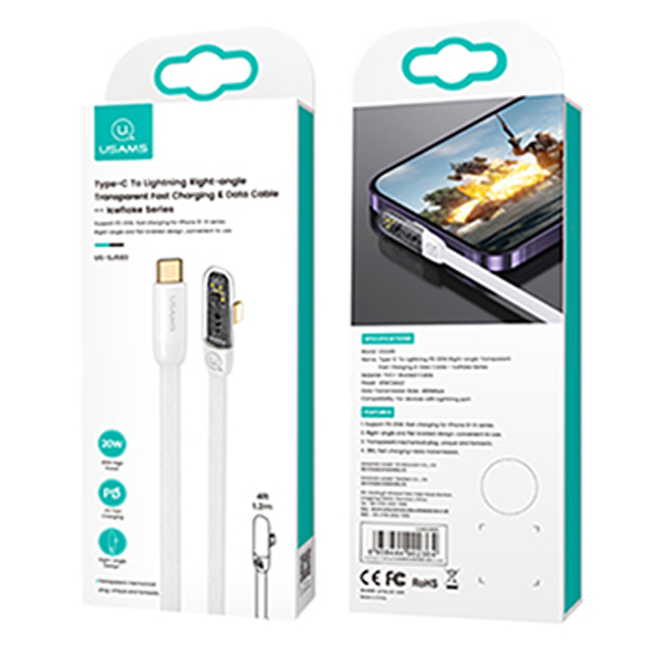 USAMS kampinis kabelis USB-C į Lightning PD 20W greitas įkrovimas Iceflake Series 1.2m baltas SJ583USB02 aprašymas - Prekės nuotrauka