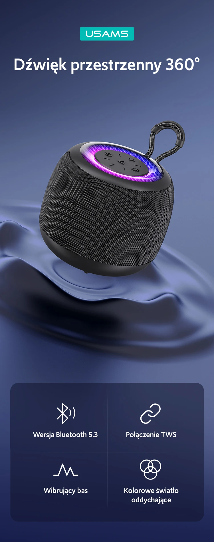 USAMS kolonėlė YIN Series Bluetooth 5.3 1200mAh Mini belaidė kolonėlė YX14YX01 (US-YX014) aprašymas - Prekės nuotrauka USAMS kolonėlė YIN Series Bluetooth 5.3 1200mAh Mini belaidė kolonėlė YX14YX01 (US-YX014) aprašymas - Prekės nuotrauka