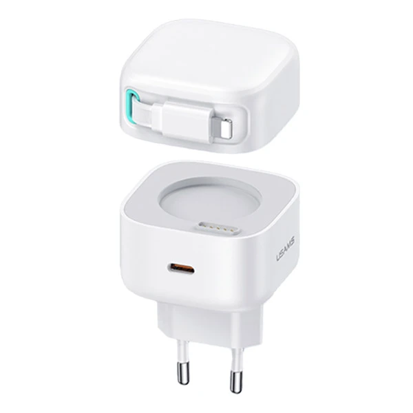 USAMS Laidinis įkroviklis 1xUSB-C su suvyniojamu kabeliu Lighning Retractable PD+QC 35W Gan Fast Charging baltos spalvos XMF Series CC209TC02 (US-CC209) aprašymas - Prekės nuotrauka