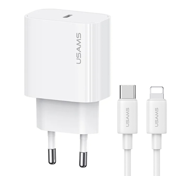 USAMS laidinis įkroviklis. 1xUSB-C T65 PD20W PD greitasis įkrovimas US-CC226 + USB-C/Lightning kabelis US-SJ712 30W aprašymas - Prekės nuotrauka