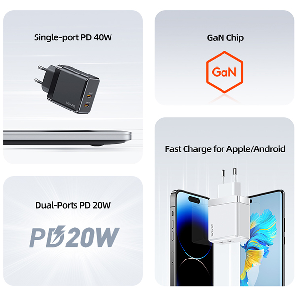 USAMS Laidinis įkroviklis 2xUSB-C T54 GaN 40W (only head) PD Fast Charging baltos spalvos CC172TC02 (US-CC172) aprašymas - Prekės nuotrauka