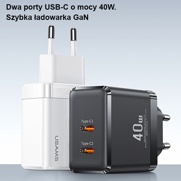 USAMS Laidinis įkroviklis 2xUSB-C T54 GaN 40W (only head) PD Fast Charging baltos spalvos CC172TC02 (US-CC172) aprašymas - Prekės nuotrauka