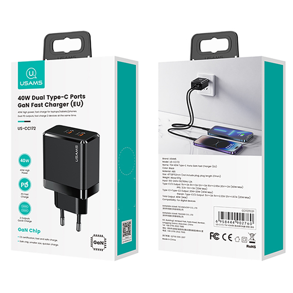 USAMS Laidinis įkroviklis 2xUSB-C T54 GaN 40W (only head) PD Fast Charging baltos spalvos CC172TC02 (US-CC172) aprašymas - Prekės nuotrauka
