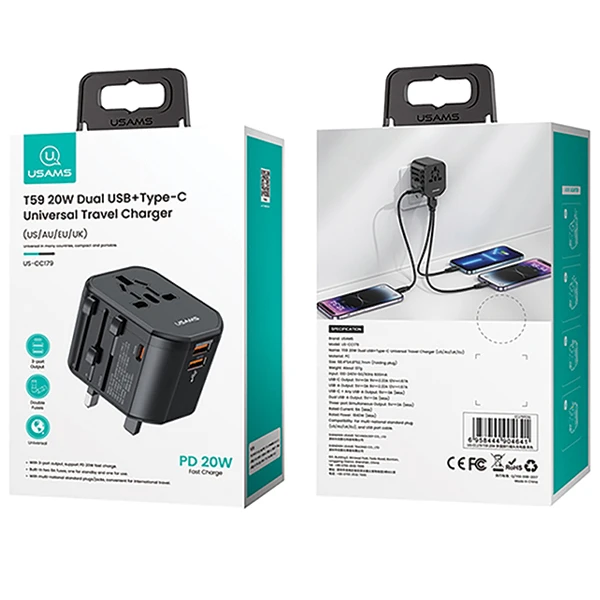 USAMS laidinis įkroviklis 2xUSB+1xUSB-C T59 20W 4in1 US/AU/EU/UK juodos spalvos CC179TC01 (US-CC179) Universal Travel Charger aprašymas - Prekės nuotrauka USAMS laidinis įkroviklis 2xUSB+1xUSB-C T59 20W 4in1 US/AU/EU/UK juodos spalvos CC179TC01 (US-CC179) Universal Travel Charger aprašymas - Prekės nuotrauka