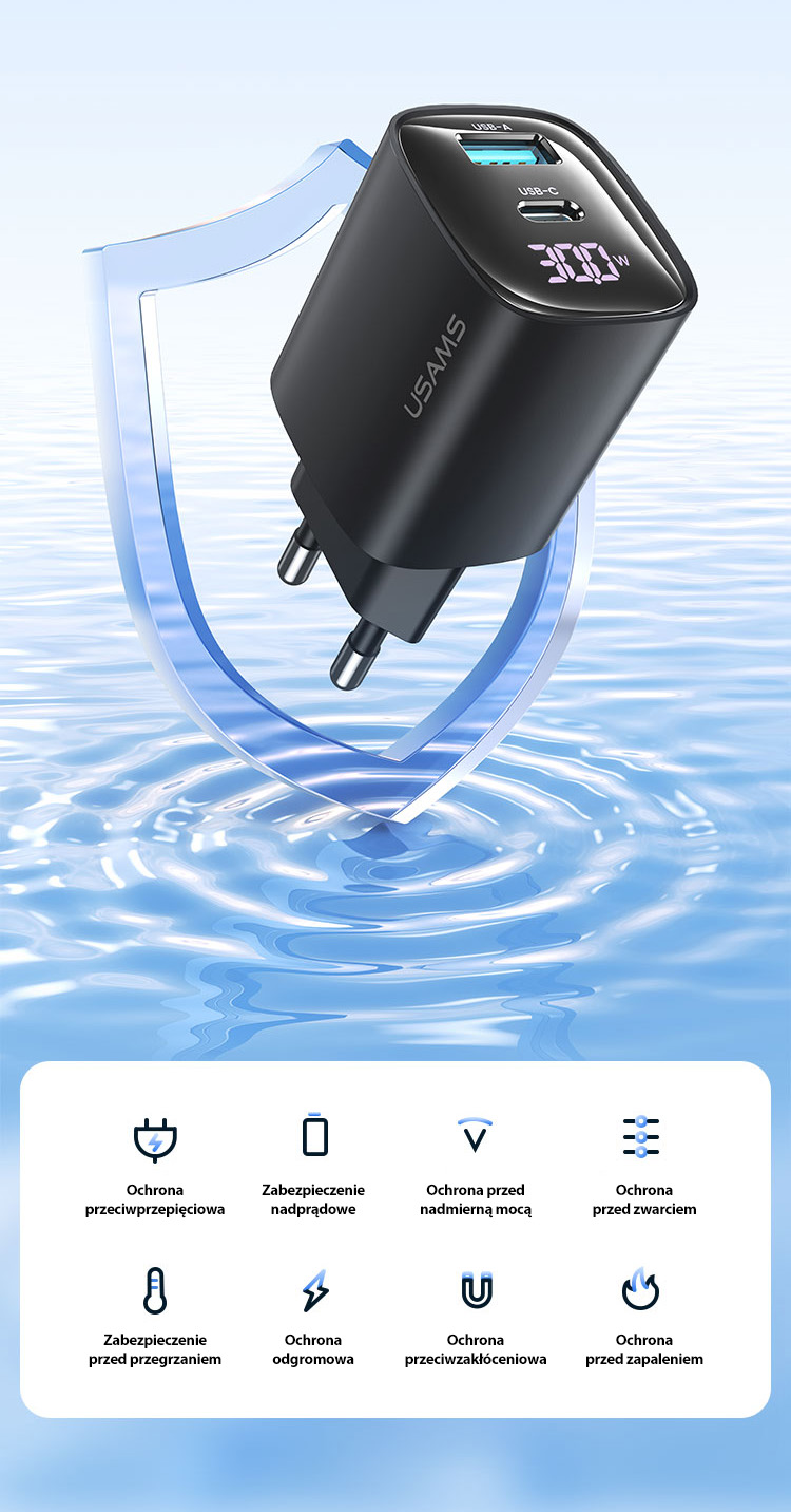 USAMS laidinis įkroviklis CC229 30W GaN USB-C/USB-A greitojo įkrovimo XC serijos, juodos spalvos CC229TC01 aprašymas - Prekės nuotrauka