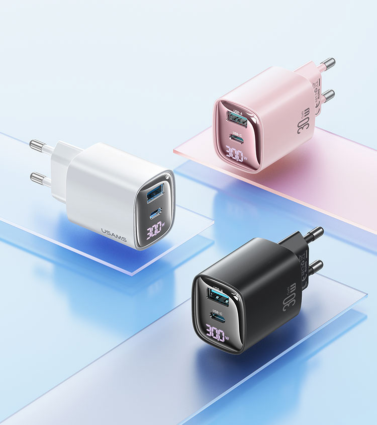USAMS laidinis įkroviklis CC229 30W GaN USB-C/USB-A greitojo įkrovimo XC serijos, juodos spalvos CC229TC01 aprašymas - Prekės nuotrauka
