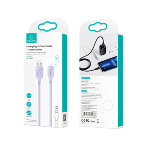 USAMS lightning kabelis 2.4A 1.2m Fast Charging Lithe Series violetinė SJ565USB03 (US-SJ565) aprašymas - Prekės nuotrauka