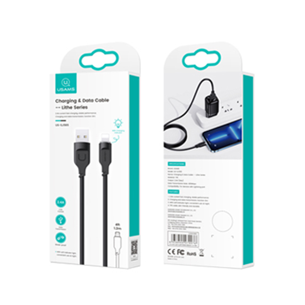 USAMS Lightning laidas 2.4A 1.2m Fast Charging Lithe Series juodos spalvos SJ565USB01 (US-SJ565) aprašymas - Prekės nuotrauka
