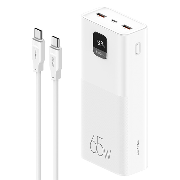 USAMS Powerbank PB68 30000mAh 65WQC3.0+PD Fast Charge + USB-C/USB-C cable 100W baltas ATXLOGTCT aprašymas - Prekės nuotrauka