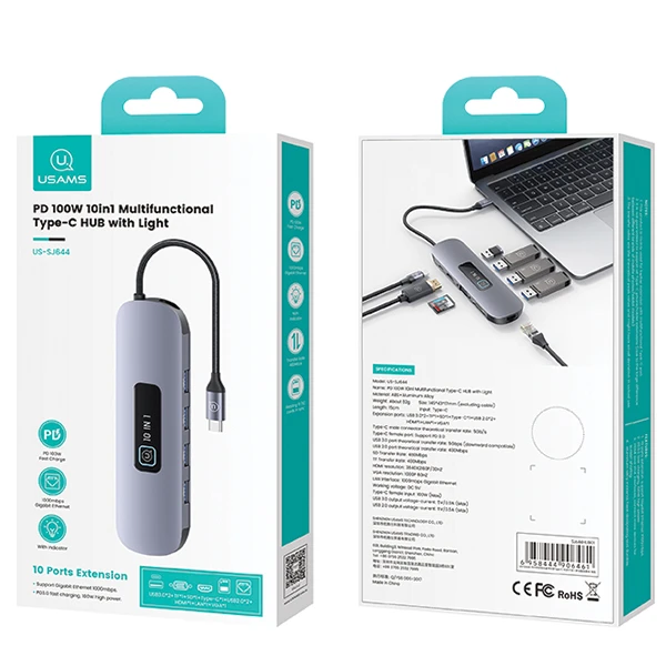USAMS šakotuvas HUB 10in1 3xUSB 3.0/TF/SD/ USB-C/HDMI/RJ45/VGA PD100W pilkos spalvos SJ644HUB01 (US-SJ644) aprašymas - Prekės nuotrauka USAMS šakotuvas HUB 10in1 3xUSB 3.0/TF/SD/ USB-C/HDMI/RJ45/VGA PD100W pilkos spalvos SJ644HUB01 (US-SJ644) aprašymas - Prekės nuotrauka