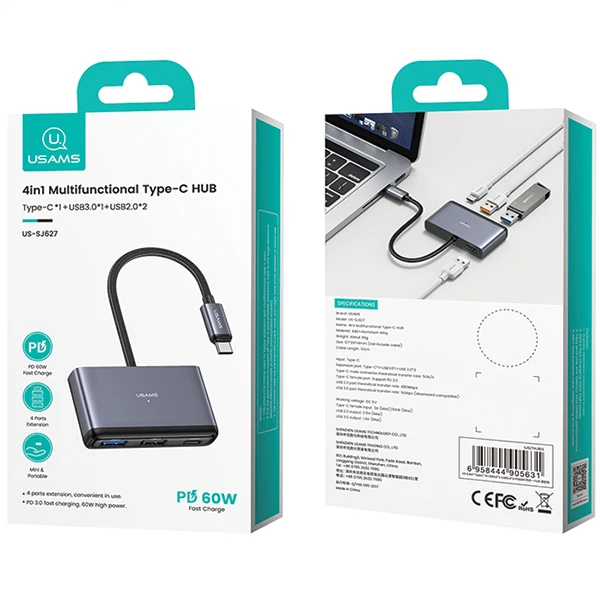 USAMS šakotuvas HUB 4in1 2xUSB 2.0/USB 3.0/ USB-C pilkos spalvos SJ627HUB01 (US-SJ627) aprašymas - Prekės nuotrauka