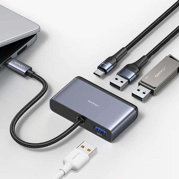 USAMS šakotuvas HUB 4in1 2xUSB 2.0/USB 3.0/ USB-C pilkos spalvos SJ627HUB01 (US-SJ627) aprašymas - Prekės nuotrauka