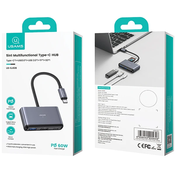 USAMS šakotuvas HUB 5in1 USB 2.0/USB 3.0/ USB-C/TF/SD pilkos spalvos SJ628HUB01 (US-SJ628) aprašymas - Prekės nuotrauka USAMS šakotuvas HUB 5in1 USB 2.0/USB 3.0/ USB-C/TF/SD pilkos spalvos SJ628HUB01 (US-SJ628) aprašymas - Prekės nuotrauka