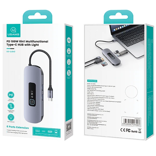 USAMS šakotuvas HUB 6in1 2xUSB 3.0/TF/SD/ USB-C/HDMI PD100W pilkos spalvos SJ642HUB01 (US-SJ642) aprašymas - Prekės nuotrauka USAMS šakotuvas HUB 6in1 2xUSB 3.0/TF/SD/ USB-C/HDMI PD100W pilkos spalvos SJ642HUB01 (US-SJ642) aprašymas - Prekės nuotrauka