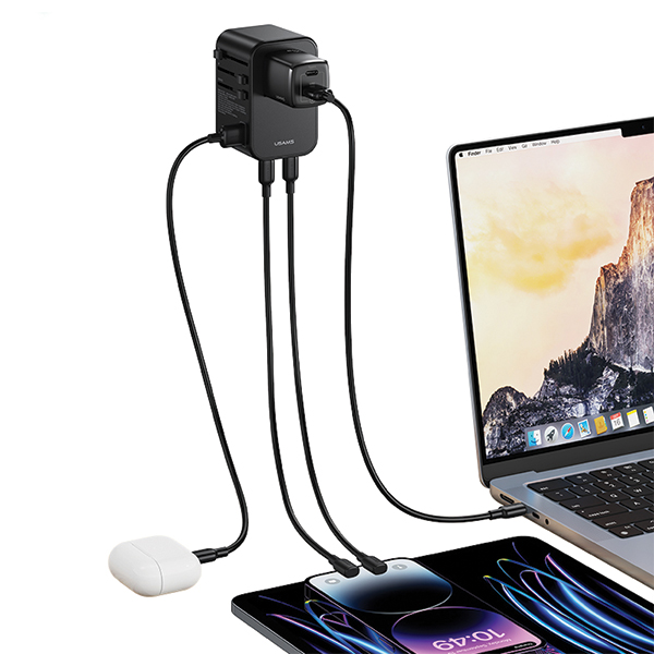 USAMS tinklo adapteris 1xUSB+2xUSB-C T62 65W 4in1 US/AU/EU/UK juodas/juodas CC199TC01 (US-CC199) Universalus aprašymas - Prekės nuotrauka