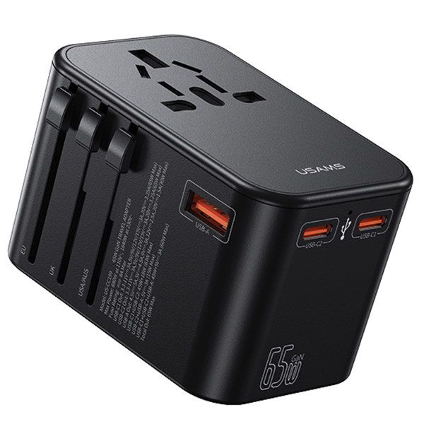USAMS tinklo adapteris 1xUSB+2xUSB-C T62 65W 4in1 US/AU/EU/UK juodas/juodas CC199TC01 (US-CC199) Universalus aprašymas - Prekės nuotrauka