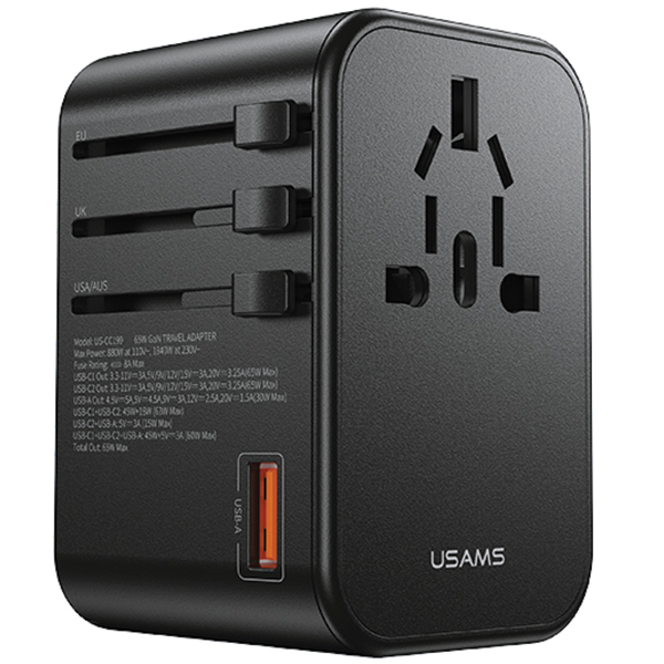 USAMS tinklo adapteris 1xUSB+2xUSB-C T62 65W 4in1 US/AU/EU/UK juodas/juodas CC199TC01 (US-CC199) Universalus aprašymas - Prekės nuotrauka