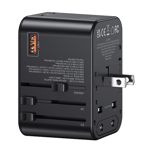 USAMS tinklo adapteris 1xUSB+2xUSB-C T62 65W 4in1 US/AU/EU/UK juodas/juodas CC199TC01 (US-CC199) Universalus aprašymas - Prekės nuotrauka