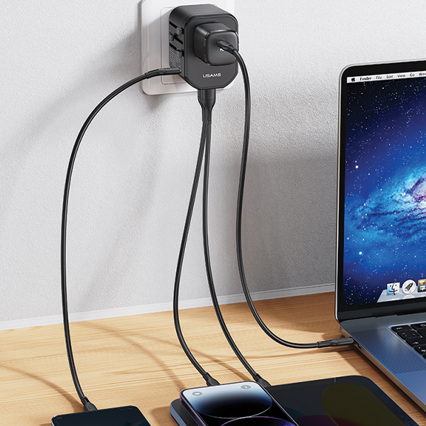 USAMS tinklo adapteris 2xUSB+1xUSB-C T59 20W 4in1 US/AU/EU/UK juodas/juodas CC179TC01 (US-CC179) universalus aprašymas - Prekės nuotrauka