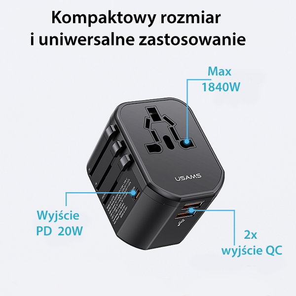 USAMS tinklo adapteris 2xUSB+1xUSB-C T59 20W 4in1 US/AU/EU/UK juodas/juodas CC179TC01 (US-CC179) universalus aprašymas - Prekės nuotrauka